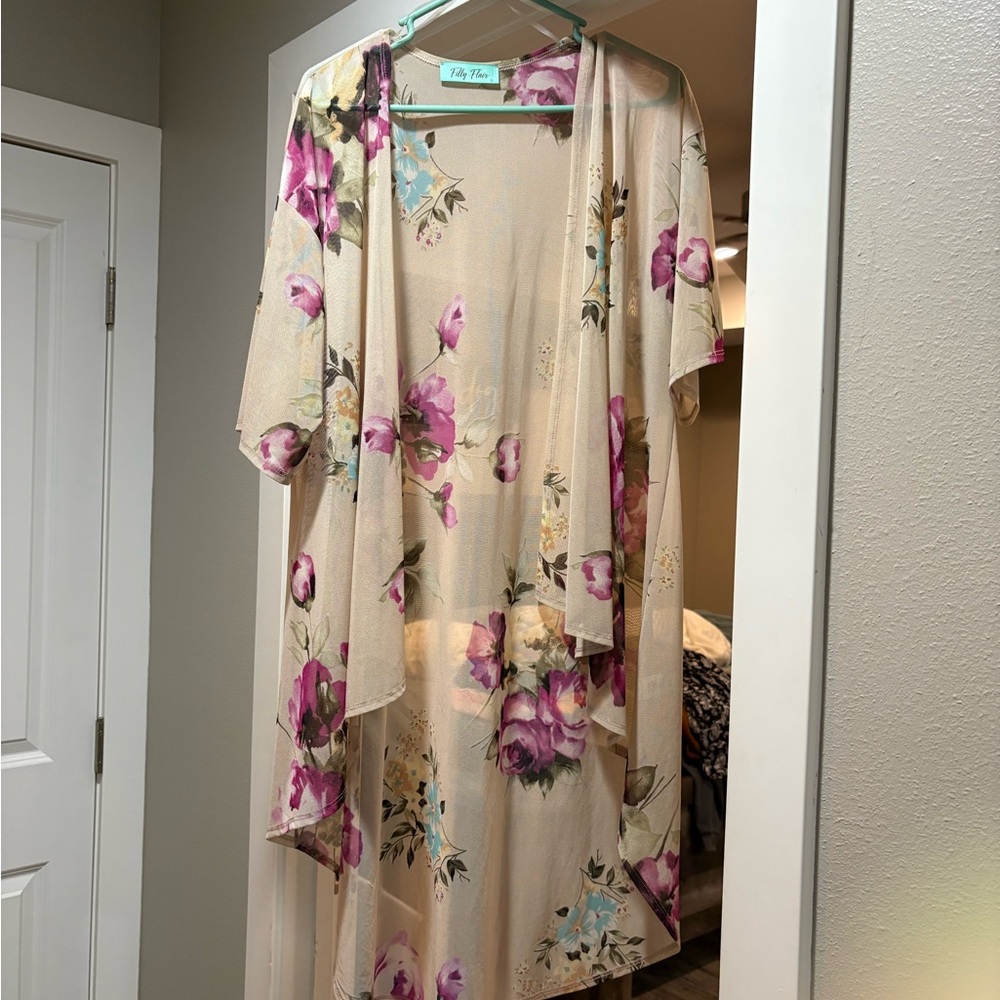Filly Flair Floral Kimono - Cream and Purple
